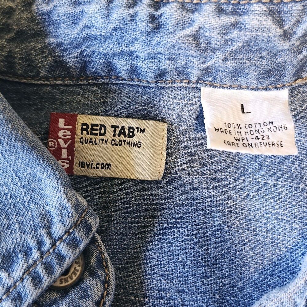 Vtg 90 Levis Red Tab Denim Button Up Mens Shirt Sz L Hong Kong Retro Workwear - Picture 4 of 11